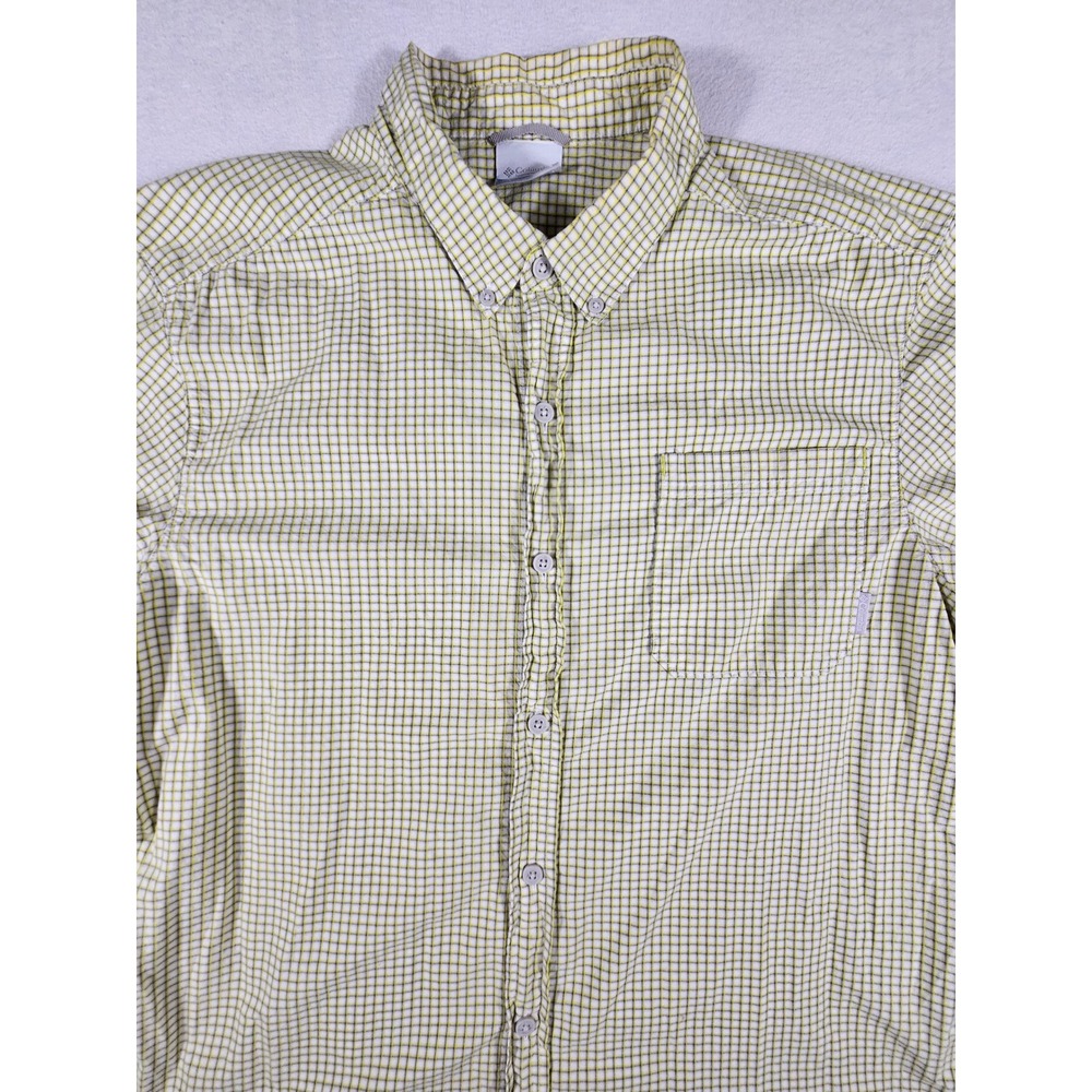 Columbia Mens Short Sleeve Plaid Button Down Shirt Yellow Gray Large Cotton